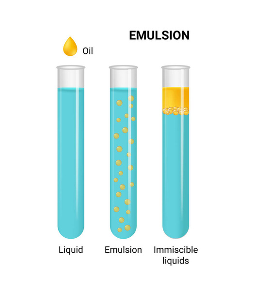 Vektordarstellung der Emulsion zweier Flüssigkeiten (Öl und Wasser) in Röhrchen auf weißem Hintergrund - Vektor, Bild