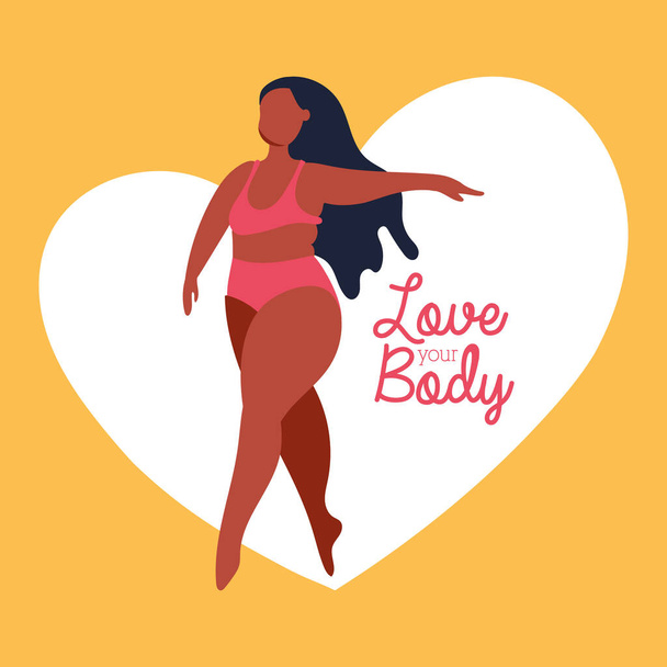 love your body lettering with big woman in heart perfectly imperfect - Vector, Image