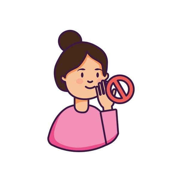 mujer de dibujos animados tocando su cara y signo prohibido, estilo plano - Vector, Imagen