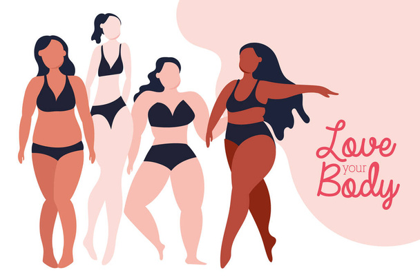 Liebe deinen Körper Schriftzug mit einer Gruppe von Mädchen perfekt unvollkommen - Vektor, Bild
