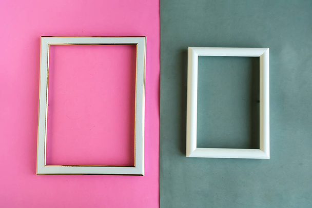 Two photo frames on color geometric background, copy space for the text - Photo, Image