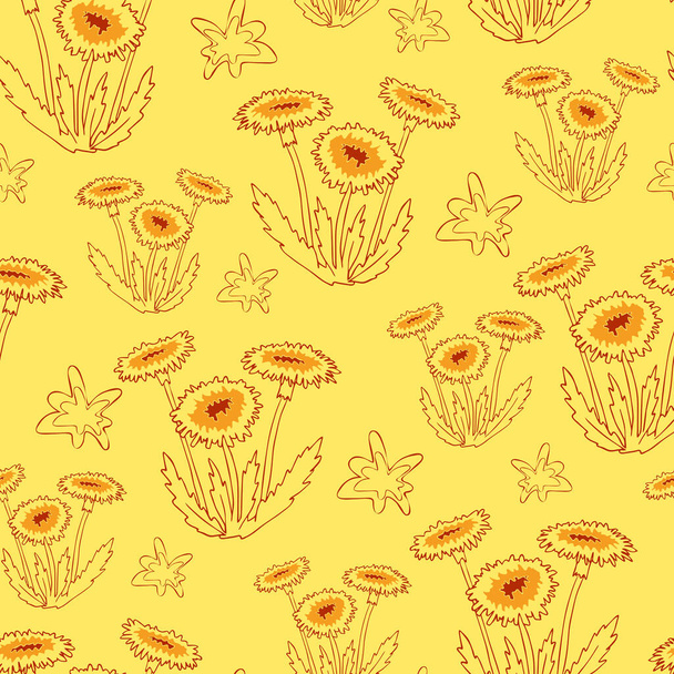 Seamless vector pattern with dandelions on yellow background. Simple floral line art wallpaper design. Wildflower fashion textile. - Vector, Image