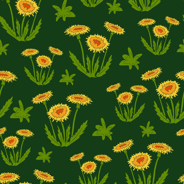 Seamless vector pattern with dandelions on green background. Simple floral wallpaper design. Flower meadow fashion textile. - Vector, Image