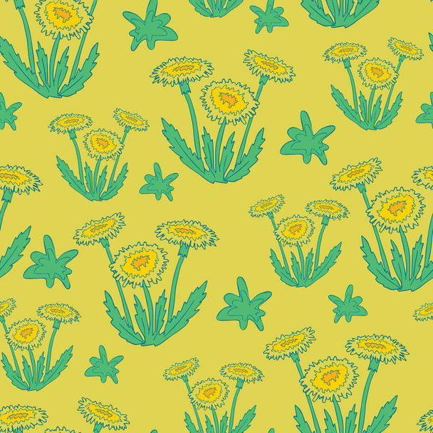 Nahtloses Vektormuster mit Löwenzahn auf gelbem Hintergrund. Einfaches florales Tapetendesign. Blumenwiese Mode Textil. - Vektor, Bild