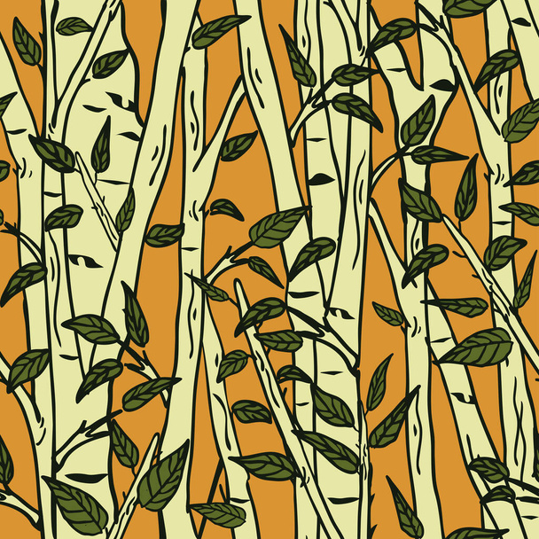 Безшовний векторний візерунок з березовим деревом на жовтому тлі. Простий дизайн лісових шпалер. Декоративна природа моди текстиль
 - Вектор, зображення