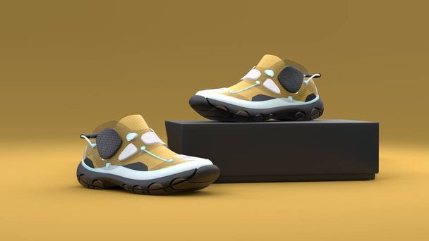 Concepto de calzado con caja sobre fondo amarillo. Diseño del paquete. ilustración 3d. - Foto, imagen