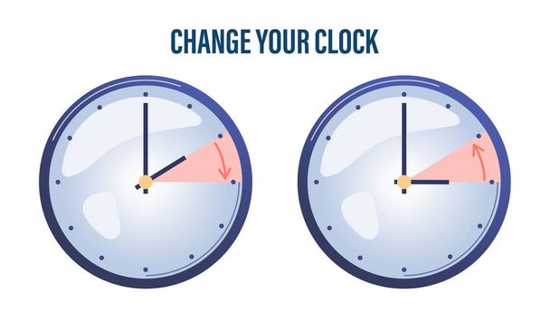 Changez votre horloge. La main des horloges se tournant vers l'hiver et l'été. Illustration vectorielle dans un style plat moderne. - Vecteur, image