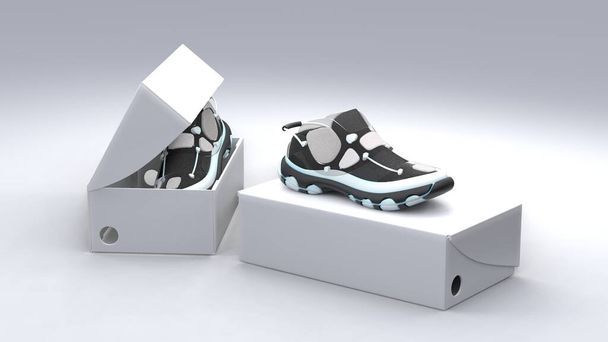 Concept de chaussures avec boîte sur fond blanc. Conception du paquet. Illustration 3d. - Photo, image