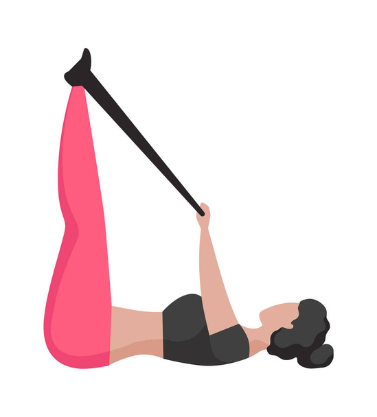 Sport girl. Cartoon woman doing exercises. Female training with rubber band expander. Fitness activity at home. Adult girl in modern sportswear. Vector Pilates and aerobics illustration - Vecteur, image