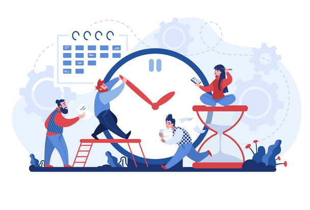 Work time. Men and women organizing workflow, busy office employee and deadline. Planning and management business process. People mechanical watch and hourglass. Vector countdown concept - Vetor, Imagem