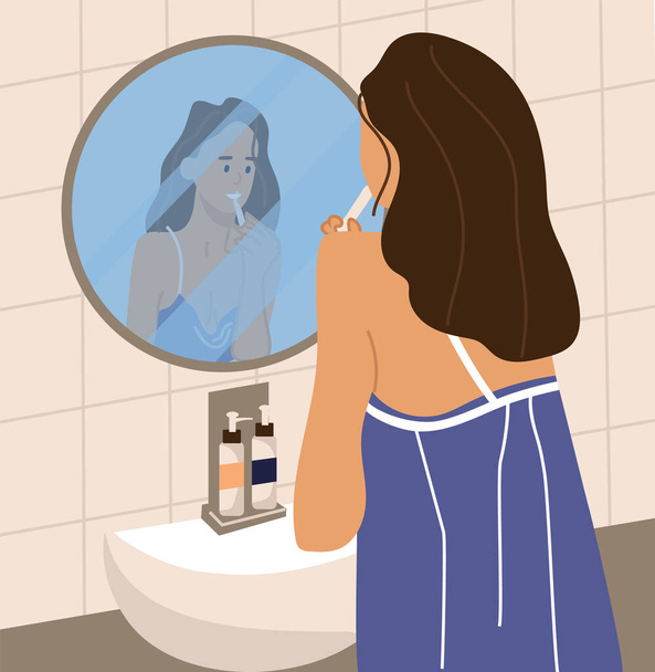 Mujer cepillándose los dientes. Mujer de pie frente al espejo. Rutinas diarias matutinas y nocturnas. Cuarto de baño plomería y muebles, interior del hogar. Vector cuidado oral ilustración plana - Vector, Imagen