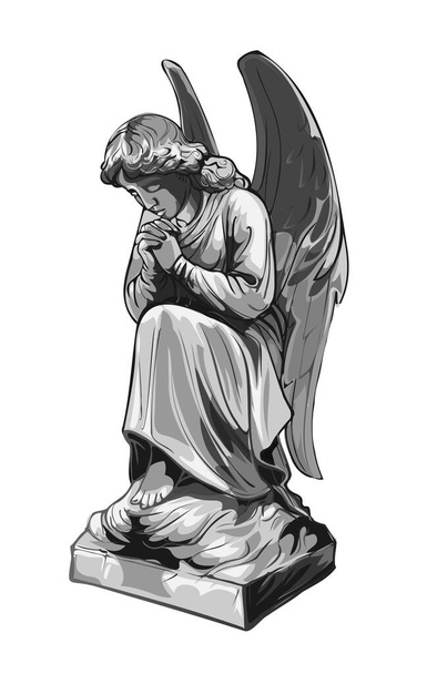 Llorando rezando escultura Ángel con alas. Ilustración monocromática de la estatua de un ángel. Aislado. Ilustración vectorial. - Vector, imagen