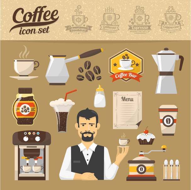 Coffee icons set. Coffee shop in flat style - Wektor, obraz