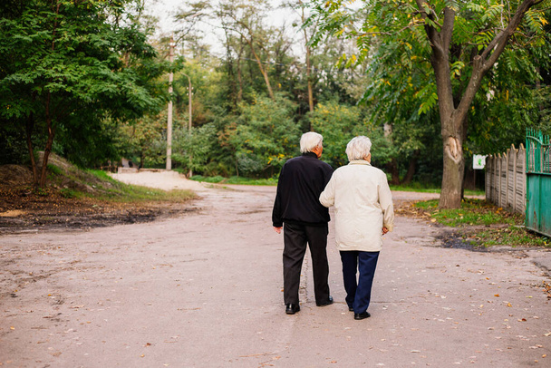 Μια φωτογραφία ενός ηλικιωμένου ζευγαριού να περπατά στο πάρκο. Φωτογραφία από πίσω. - Φωτογραφία, εικόνα