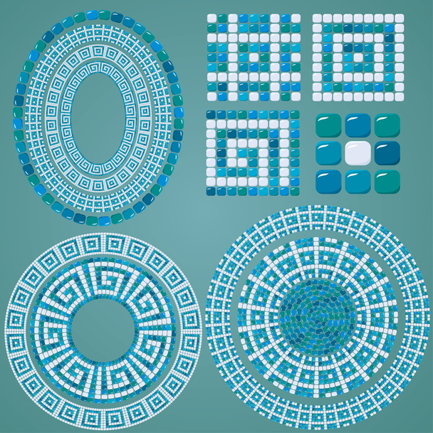 Set of Mosaic patterns - Blue ceramic oval and round frames - cl - Vector, Imagen
