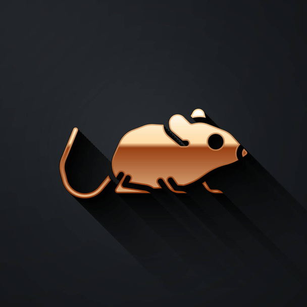Złota ikona szczura odizolowana na czarnym tle. Znak myszy. Symbol zwierzęcia. Długi styl cienia. Wektor. - Wektor, obraz