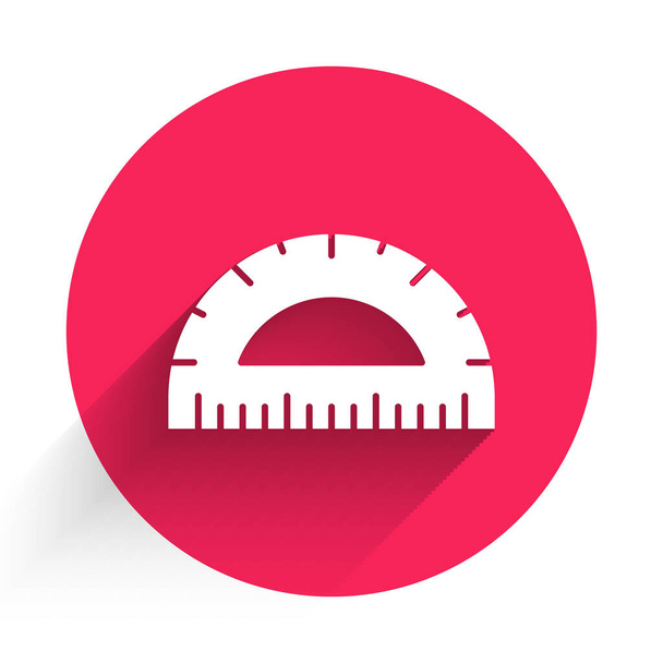 White Protractor grid for measuring degrees icon isolated with long shadow. Tilt angle meter. Measuring tool. Geometric symbol. Red circle button. Vector. - Vector, Image