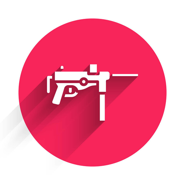 Pistola submitragliatrice bianca M3, icona pistola grasso isolata con lunga ombra. Pulsante cerchio rosso. Vettore. - Vettoriali, immagini