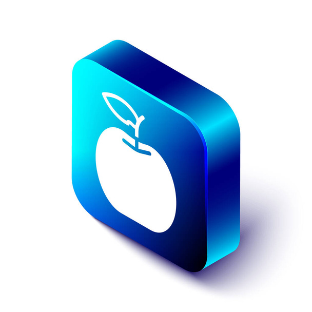 Isometrische Apple icoon geïsoleerd op witte achtergrond. Fruit met bladsymbool. Blauwe vierkante knop. Vector. - Vector, afbeelding