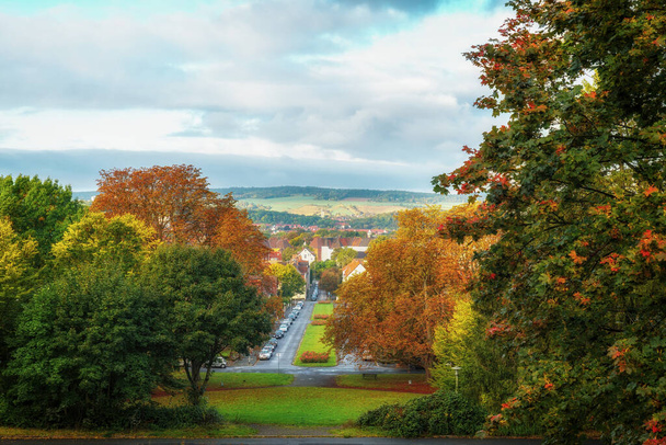 Vue sur la ville en automne entre les arbres aux feuilles orange - Photo, image