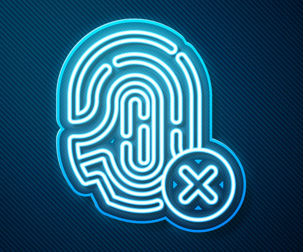 Glowing neon line Rejection fingerprint icon isolated on blue background. Access denied for user concept. Error, fraud. Identification sign. Touch id.  Vector. - Vector, Image