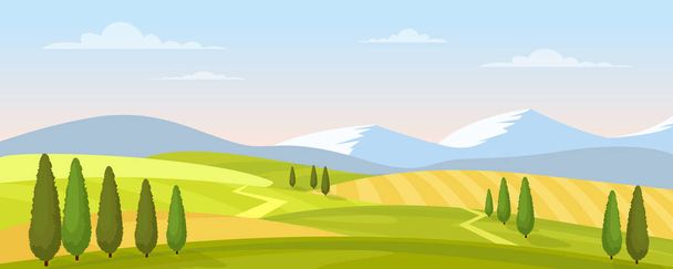 Rural landscape in summer vector illustration, cartoon flat countryside farmland scenery with green grass agricultural field, mountains and trees background - Vector, imagen