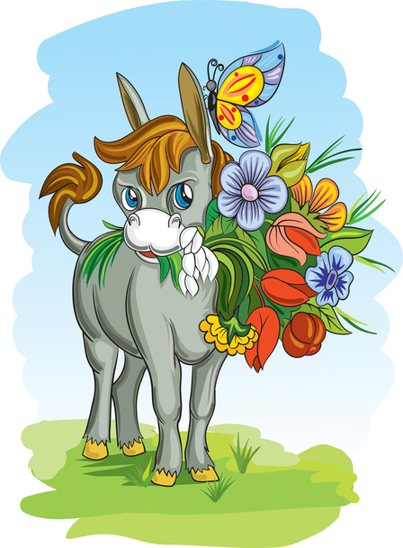 Donkey with flowers - vector illustration. - Vektör, Görsel