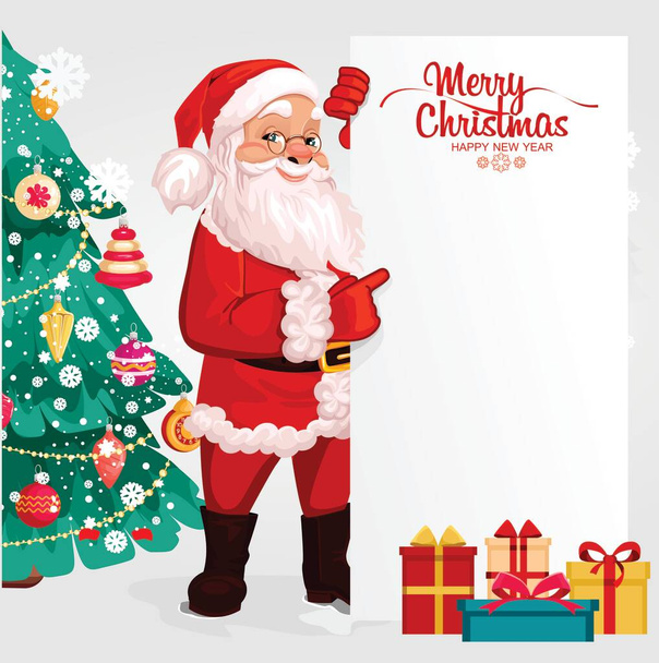 陽気なサンタクロース、笑顔の漫画のキャラクターは、クリスマスツリーを背景にしています。クリスマス休暇、バナーの背景に。ベクターイラスト - ベクター画像