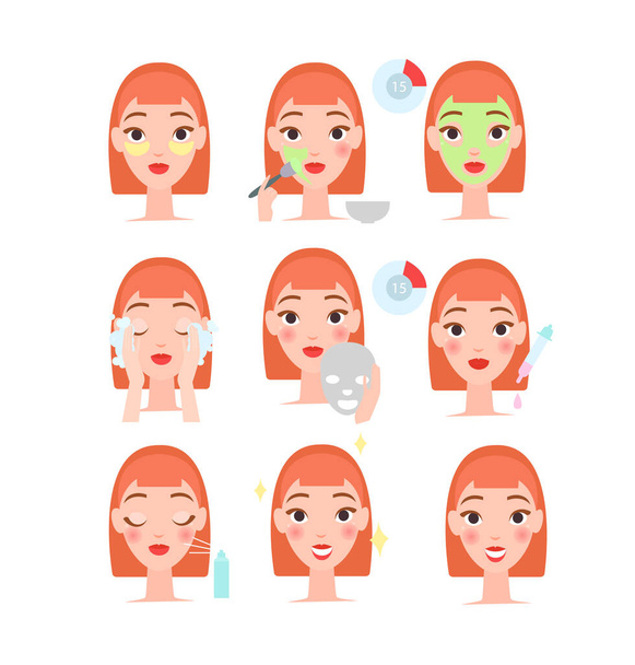 Daily skin care vector illustration set, cartoon flat collection with beautiful adult woman face making beauty procedures, skincare routine in bathroom isolated on white - Vector, afbeelding