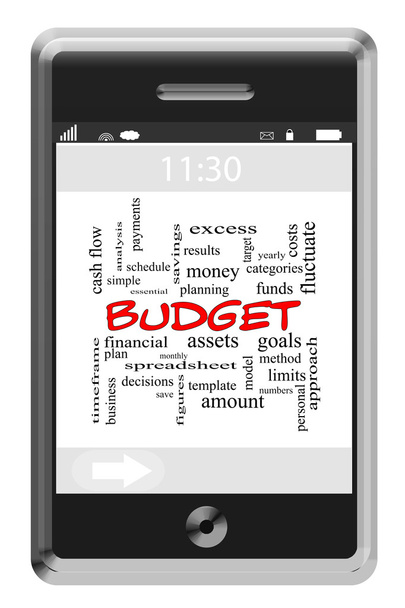 budżet programu word chmura koncepcja na dotykowy telefon - Zdjęcie, obraz