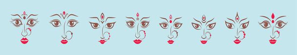 conjunto de diosa maa durga. plantilla de diseño icono de dibujos animados moderno con varios modelos. ilustración vectorial aislada sobre fondo azul - Vector, Imagen