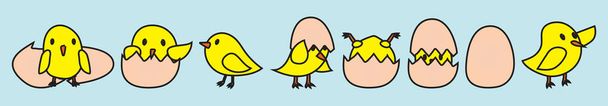 Sarı Paskalya tavuğu seti. Modern karikatür ikonu tasarım şablonu ve çeşitli modeller. Mavi arkaplanda izole edilmiş vektör illüstrasyonu - Vektör, Görsel
