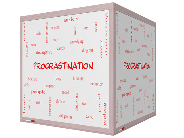 Procrastinación Concepto de Word Cloud en una pizarra blanca de cubo 3D
 - Foto, Imagen