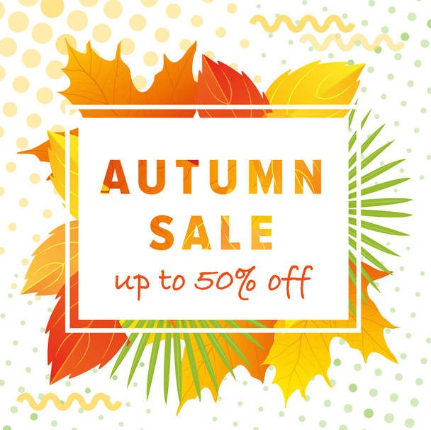 Autumn leaves background vector illustration, cartoon flat autumn sale lettering poster, special offer web banner or shopping discount promotion - Вектор,изображение