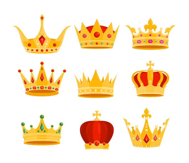 Golden crown vector illustration set, cartoon flat gold royal medieval collection of monarchy symbols, crown on head isolated on white - Vektori, kuva