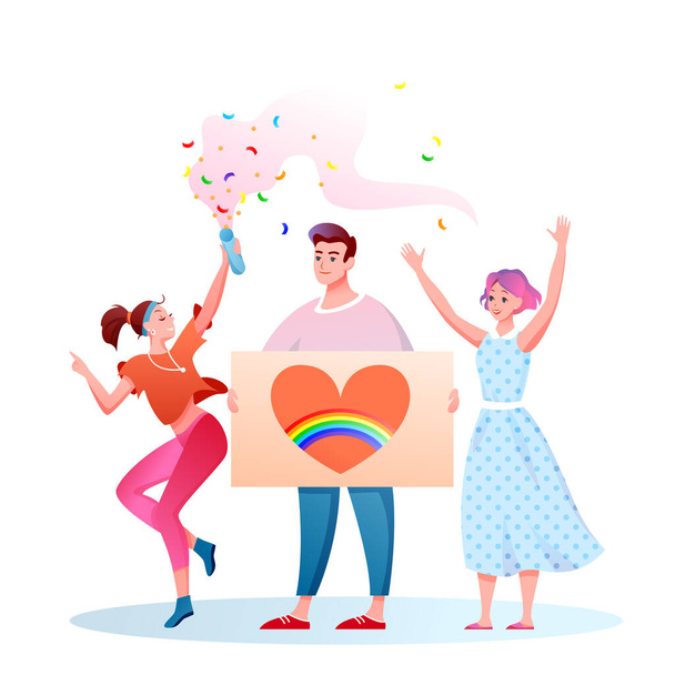 LGBT pride parade vector illustration, cartoon flat happy homosexual transgender people with LGBT rainbow flag have fun on festival parade - Vettoriali, immagini