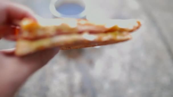 Hand verplaatsen van een kaas en ham sandwich dichter bij de camera totdat is in focus - Video
