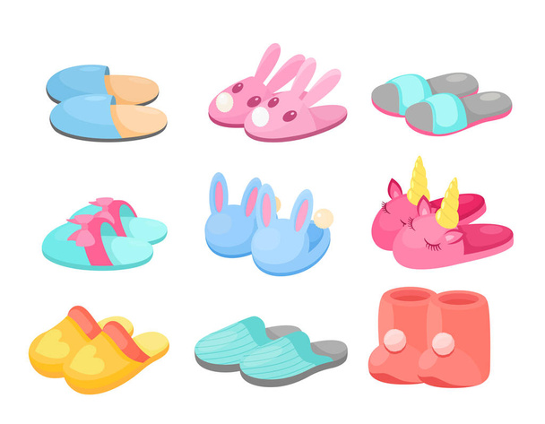 Slippers vector illustration set, cartoon flat home footwear collection in different colors, comfortable slipper shoes with funny animal head, bow heart - Vector, afbeelding