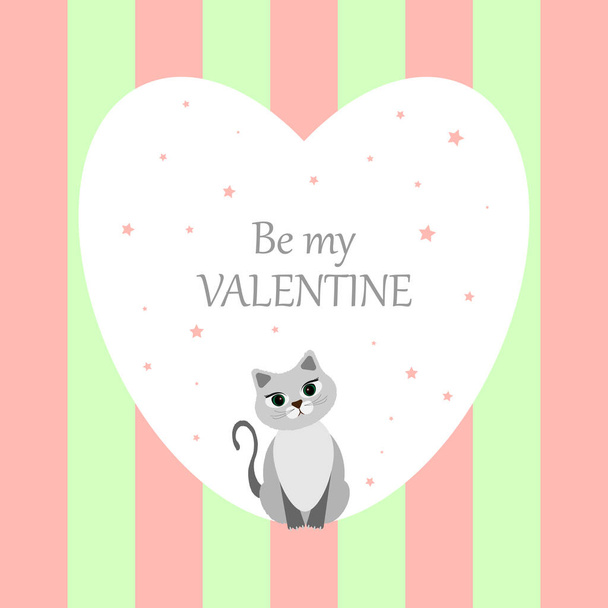 White heart with a cat on a striped background. Grey cute cat. Pink and green stripes. Be my Valentine. Happy Valentine's day. Vector illustration. - Vetor, Imagem