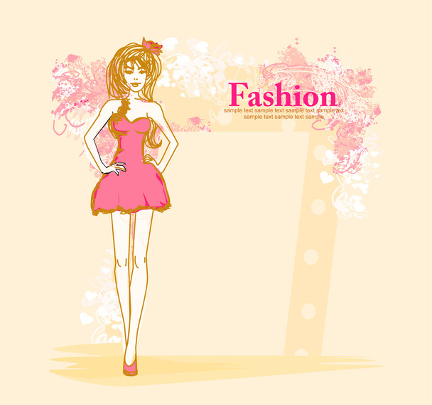 trendi lány egy rövid ruha egy virágos háttér - Vektor, kép