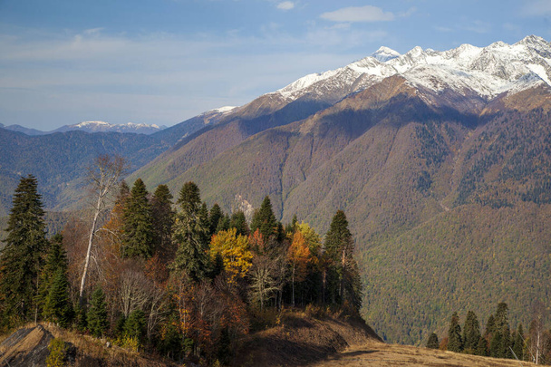 クラスナヤ・ポリアナ、ソチ、北コーカサスの山々、秋の木々を背景に雪に覆われた山, - 写真・画像