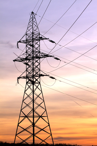 Power supply line metal tower on beautiful sunset vertical view - Foto, Imagem
