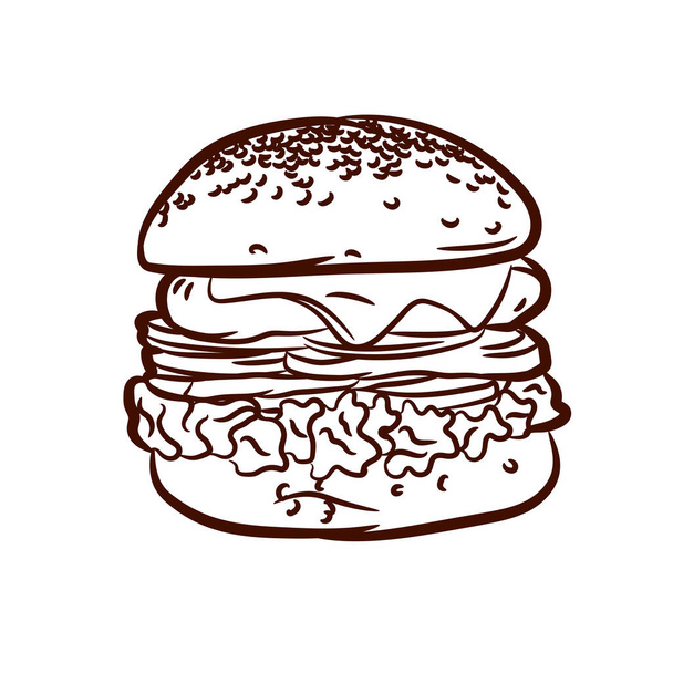 Deliciosa y jugosa hamburguesa. Aislado sobre fondo blanco, hay un lugar para imprimir. ilustración en tinta dibujado a mano estilo - Vector, imagen