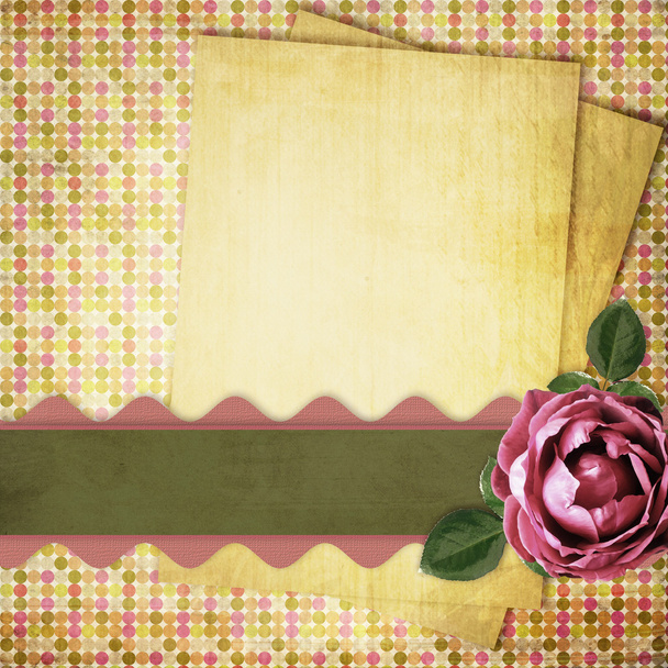 Vintage card from old paper and rose on the abstract background - Zdjęcie, obraz