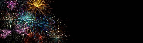 Realisztikus 3D illusztráció színes szivárvány tűzijáték pirotechnikai éjszaka sötét ég füst elszigetelt fekete háttér tapéta használat ünneplik boldog új évet visszaszámlálás fesztivál évforduló születésnapi party - Fotó, kép