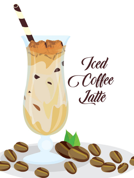 Glazen kopje koffie latte met koffiebonen - Vector, afbeelding