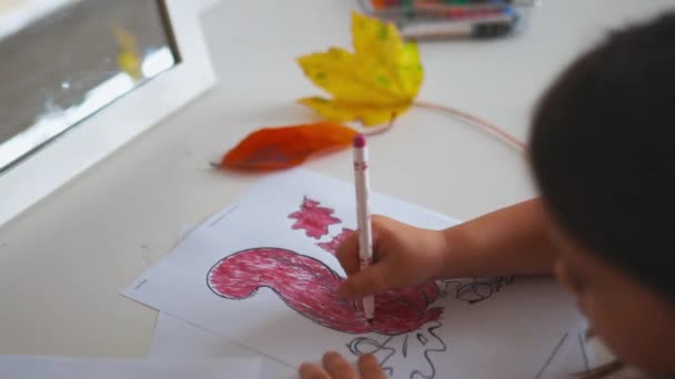 Küçük bir kız kırmızı kalemle kağıt bir çarşafa sincap resmi çiziyor. - Video, Çekim