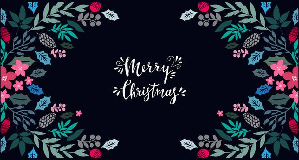 Happy Merry Christmas lettering Template  Christmas  card with   flowers wreath, frames. Festive christmas  background  Unique  handrawn  winter design for creeting cards, invitation  Vector illustration - Vecteur, image
