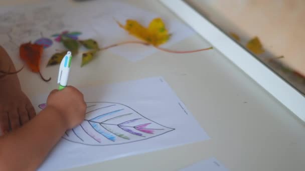 Petite fille colorier une grande image de feuille sur une feuille de papier avec un stylo - Séquence, vidéo