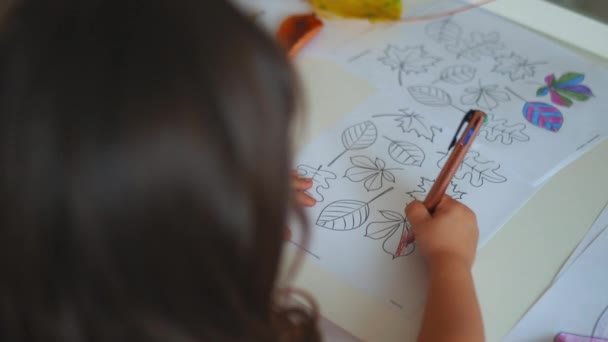 Petite fille colorier différents types de feuilles sur une feuille de papier avec un stylo - Séquence, vidéo